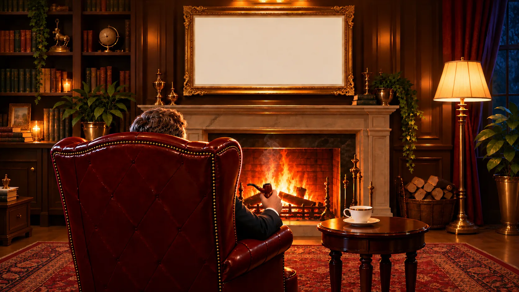 A fire-lit study at night: a man in a red leather wingback chair, seen from behind, smokes a pipe by the fire. A cup of tea steams on the side table. A gilded frame above the mantel shows his certifications.